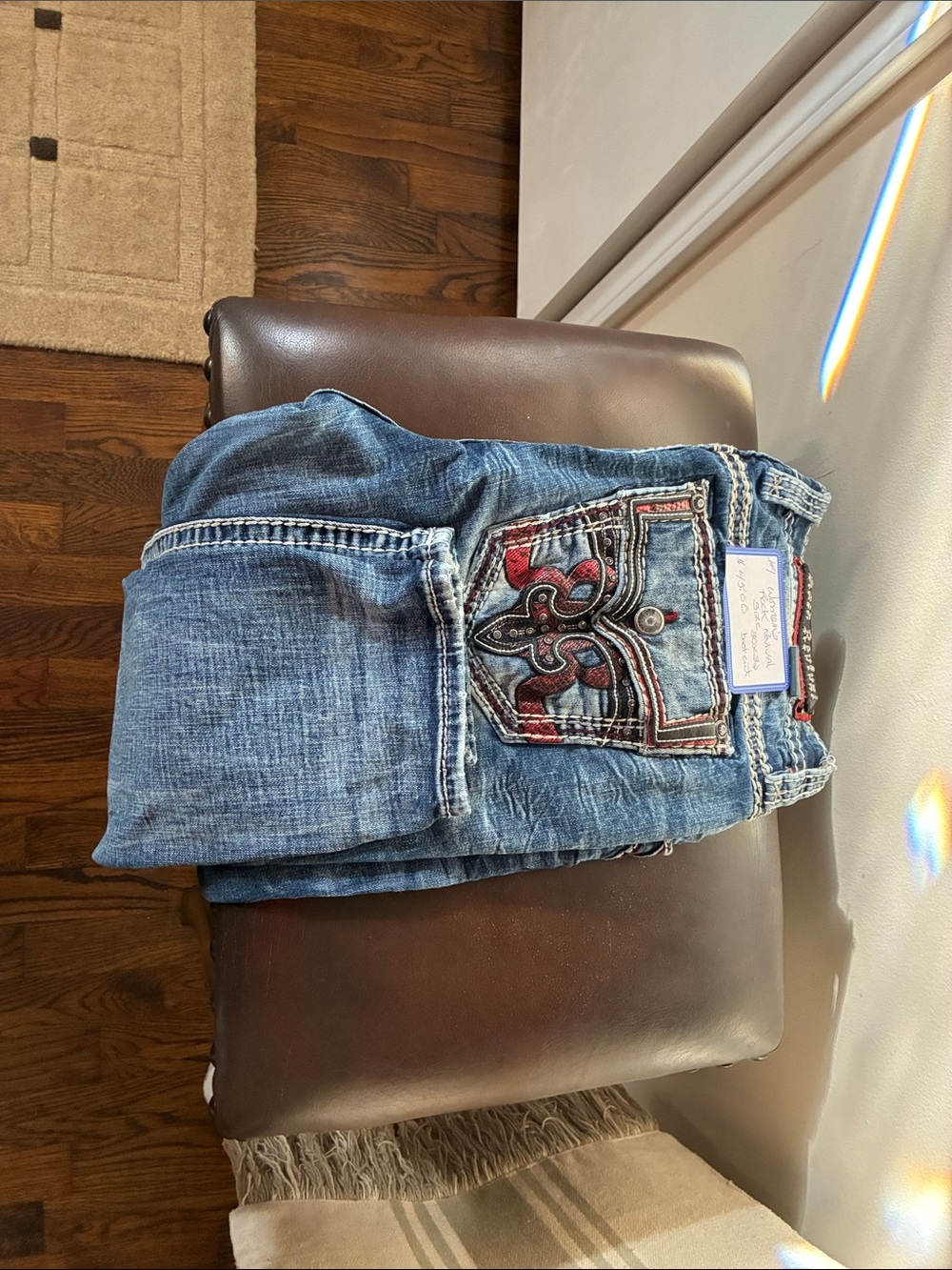 Rock Revival Medium Blue Bootcut Jeans with Red & Black Embroidered Pocket
